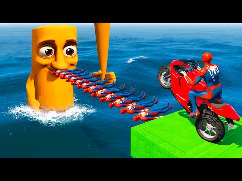 Thumbnail for SPIDER-MAN against TUNG TUNG TUNG SAHUR on Motorcycle in RAINBOW SPIDERS BRIDGE | GTA MULTIVERSE
