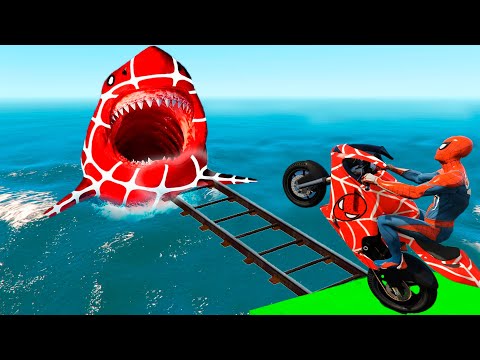 Thumbnail for سبايدر مان اصعب دراجة نارية فوق اسماك القرش - Superheroes Ride on Motorcycle Stunt Funny Moments??