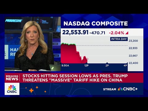 Thumbnail for Stocks hit session lows as President Trump threatens 'massive' tariff hike on China