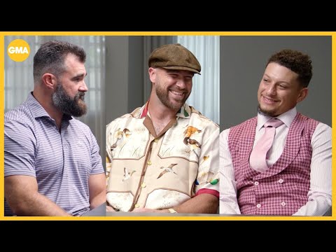 Thumbnail for Jason Kelce asks Travis Kelce when the wedding is in interview with Patrick Mahomes, Andy Reid
