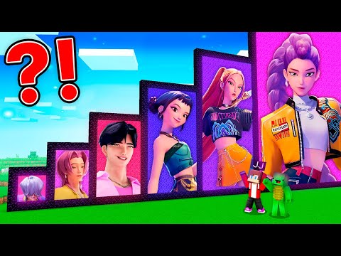 Thumbnail for JJ and Mikey found Rumi , Mira , Zoey Kpop Demon Hunter portals in minecraft ! Challenge Maizen