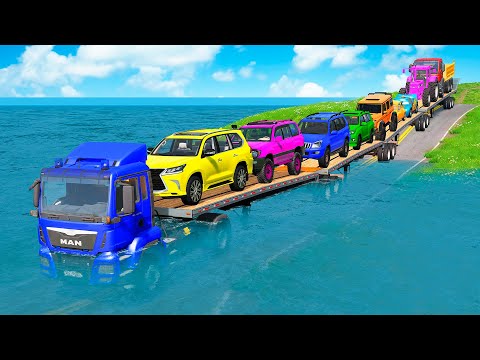 Thumbnail for Triple Flatbed Trailer McQueen Transportation with Truck - Speedbumps vs Cars vs Train - BeamNG #